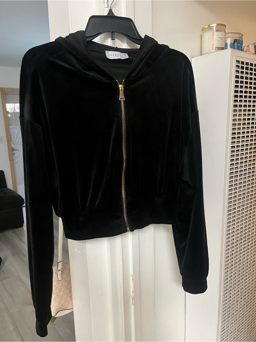 Love Tree Black Velvet Zip-Front Bomber Jacket with Hood